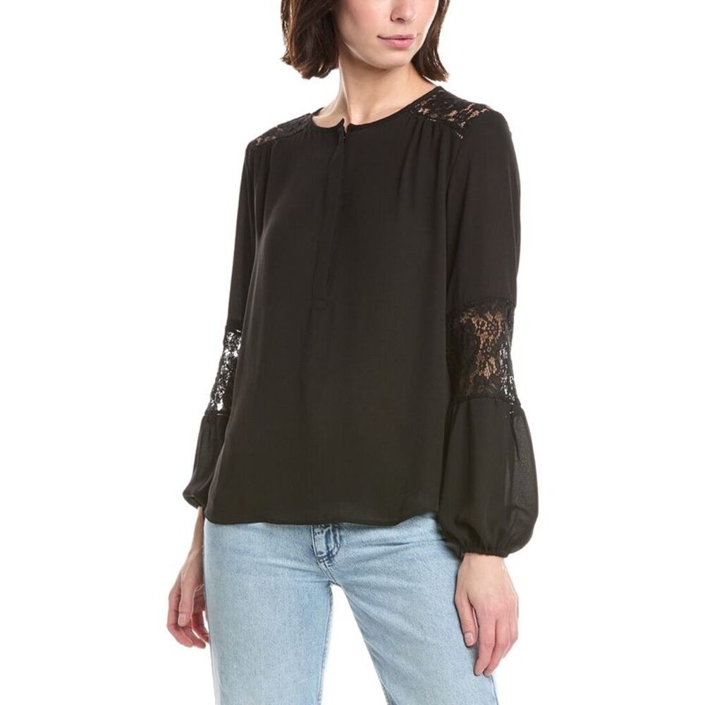 T Tahari Womens Half Placket Lace Trim Blouse, Black